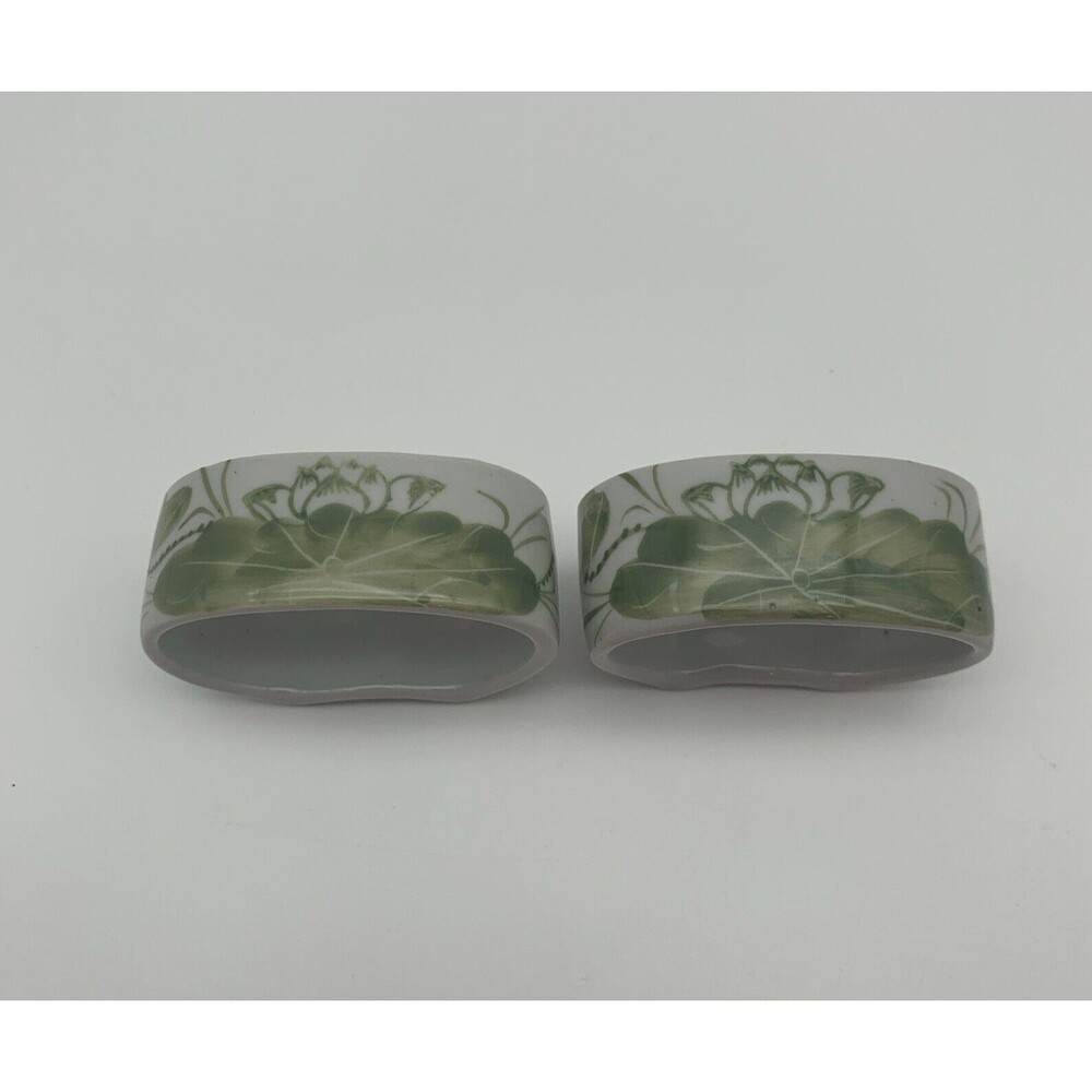 2 Vintage Napkin Rings Holders Green Ginkgo Leaf On Lt Gray Ring